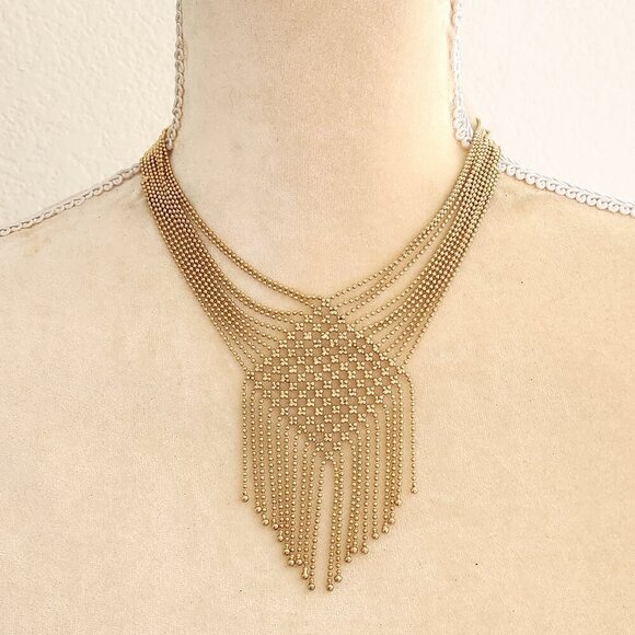 Kenneth Cole Micro Beaded Fringe Boho Multi Chain Gold Tone Collar Necklace - Picture 1 of 5